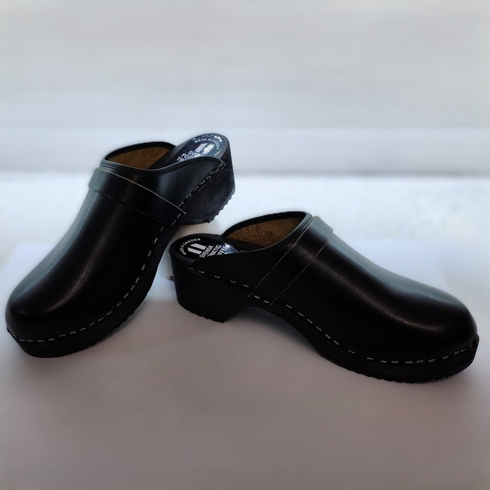 Black Leather & Wood Clogs